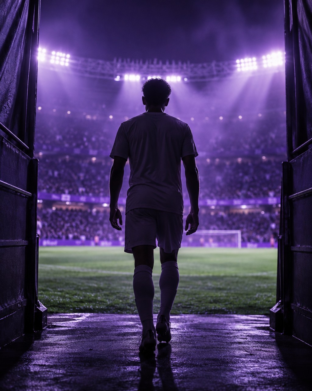 Football player walking out of the tunnel onto a floodlit pitch